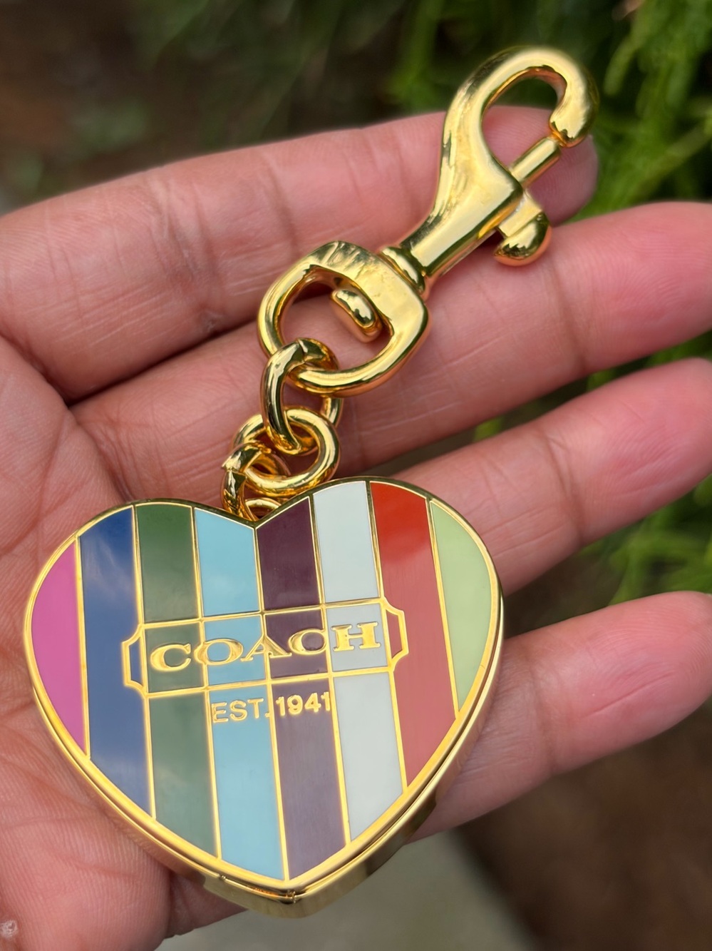COACH Legacy Stripe Heart Locket Bag Charm Keychain